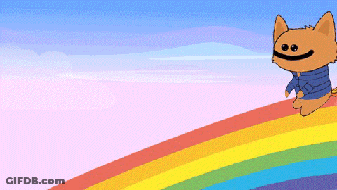 Cartoon Cat In Blue Shirt Standing On Rainbow GIF