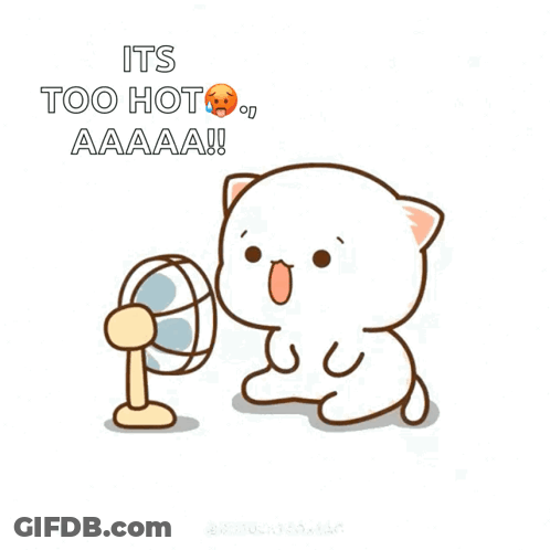 Cartoon Cat In Front Of Fan Saying Too Hot GIF