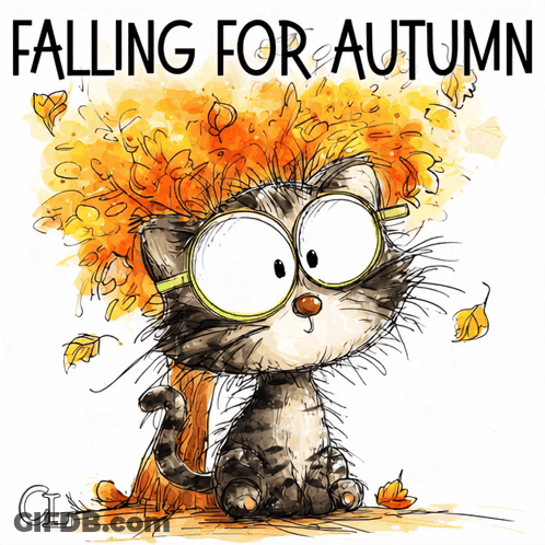 Cartoon Cat In Glasses Under Tree Falling For Autumn GIF