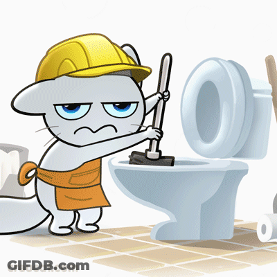 Cartoon Cat In Hard Hat Plunging Toilet GIF