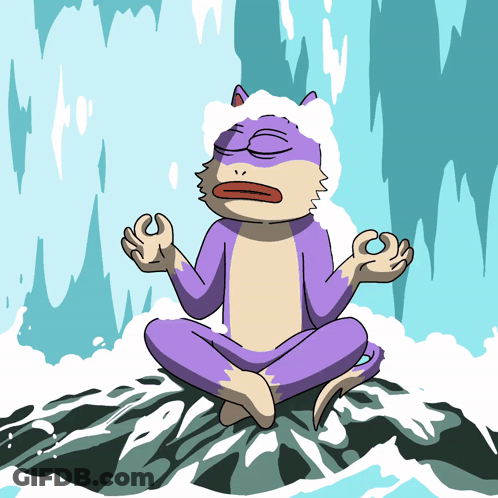 Cartoon Cat In Lotus Position On Rock GIF