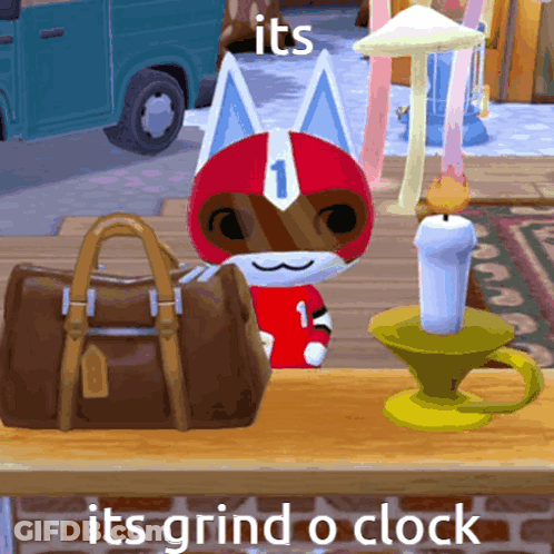 Cartoon Cat In Number 1 Helmet Next To Brown Bag GIF