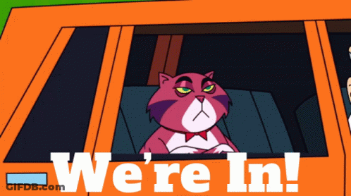 Cartoon Cat In Orange Car Saying We're In GIF