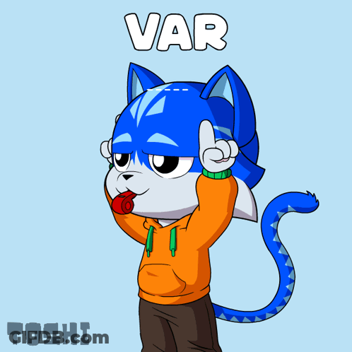 Cartoon Cat In Orange Hoodie With Var Above GIF