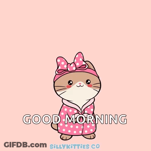 Cartoon Cat In Pink Polka Dot Pajama Saying Awesome Good Morning GIF