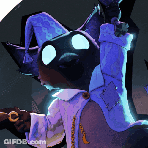 Cartoon Cat In Purple Hat Holding Ring GIF