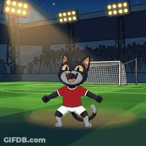 Cartoon Cat In Red And White On Soccer Field GIF