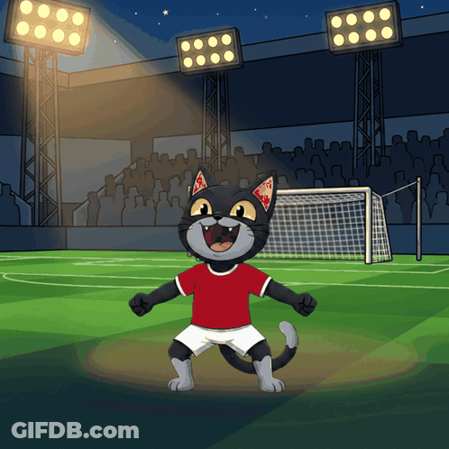 Cartoon Cat In Red Shirt And White Shorts On Soccer Field GIF