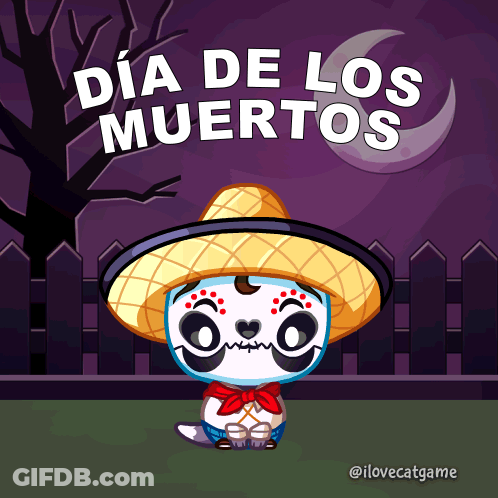 Cartoon Cat In Sombrero Dia De Los Muertos GIF