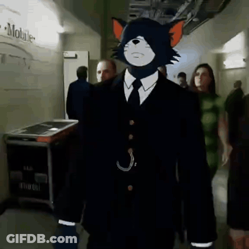 Cartoon Cat In Suit Walking Down Hallway GIF