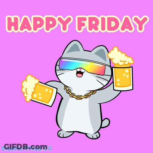 Cartoon Cat In Sunglasses And Chain Holding Two Beers Happy Friday GIF