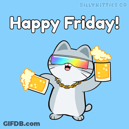 Cartoon Cat In Sunglasses Holding Two Beers Happy Friday GIF