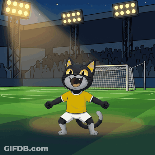 Cartoon Cat In Yellow Shirt And White Shorts On Soccer Field GIF