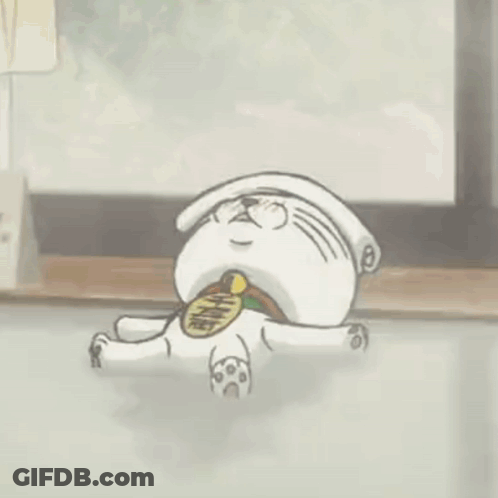 Cartoon Cat Laying In Mud Eating Hamburger GIF