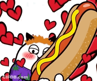 Cartoon Cat Laying On Hot Dog With Mustard GIF