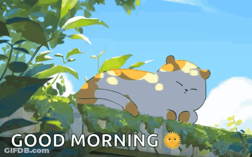 Cartoon Cat Laying On Ledge Saying Good Morning GIF