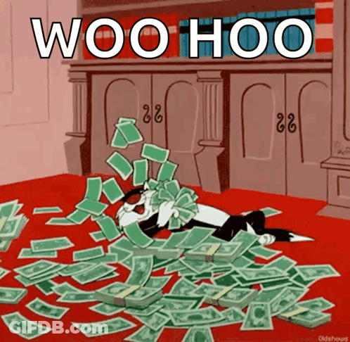 Cartoon Cat Laying On Pile Of Money Saying Woohoo GIF