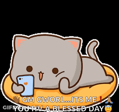 Cartoon Cat Laying On Pillow Looking At Phone GIF