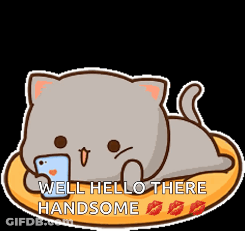 Cartoon Cat Laying On Pillow With Phone Saying Well Hello There Handsome GIF
