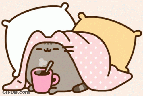 Cartoon Cat Lying Under Blanket Holding Coffee GIF