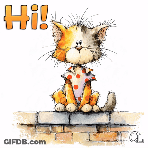 Cartoon Cat On Brick Wall Saying Hi GIF