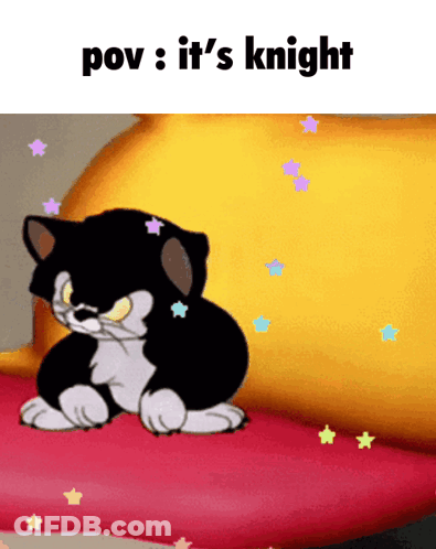 Cartoon Cat On Red Pillow Saying Pov It's Knight GIF