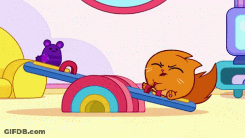 Cartoon Cat On Seesaw With Purple Mouse GIF