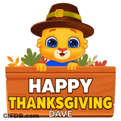 Cartoon Cat Peeking Over Happy Thanksgiving Sign GIF