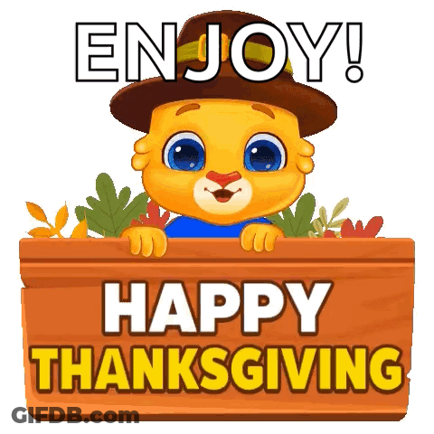 Cartoon Cat Peeking Over Sign Saying Enjoy Happy Thanksgiving GIF