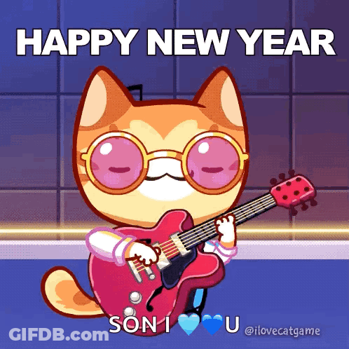 Cartoon Cat Playing Guitar Happy New Year GIF
