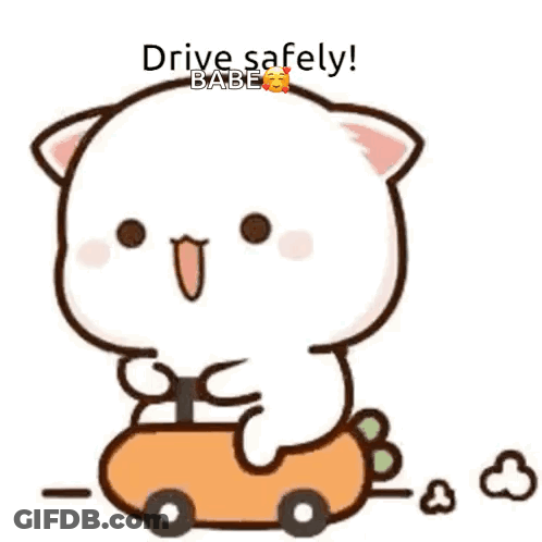 Cartoon Cat Riding Toy Car Says Drive Safely GIF