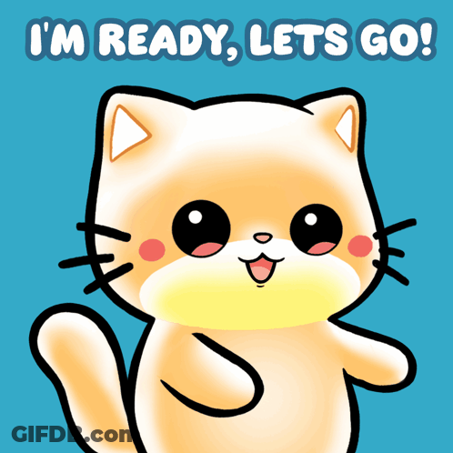 Cartoon Cat Says I'm Ready Lets Go On Blue Background GIF