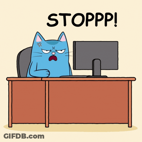 Cartoon Cat Sitting At Desk With Computer Saying Stoppp GIF
