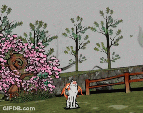 Cartoon Cat Sitting By Fence And Trees GIF