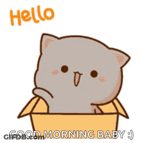 Cartoon Cat Sitting In Cardboard Box Saying Good Morning Baby GIF