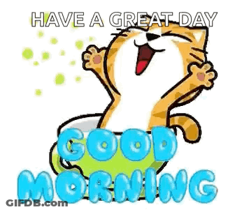 Cartoon Cat Sitting In Cup Saying Have A Great Day Good Morning GIF