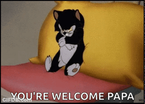 Cartoon Cat Sitting On Bed Saying Youre Welcome Papa GIF