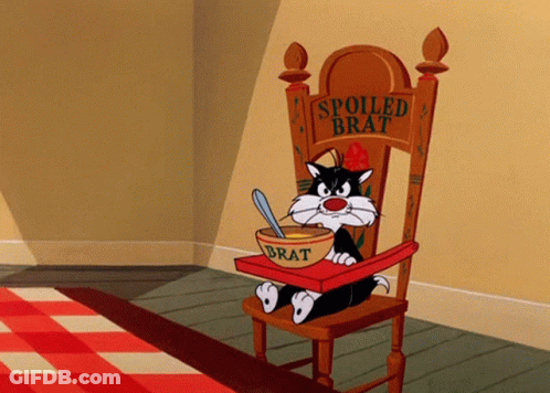 Cartoon Cat Sitting On Chair With Bowl Of Brat GIF