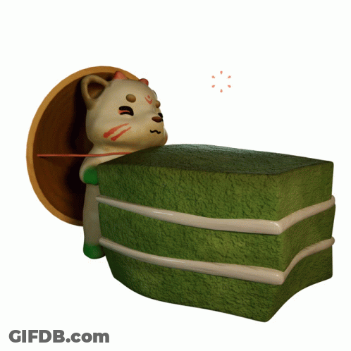 Cartoon Cat Sitting On Green Cake GIF