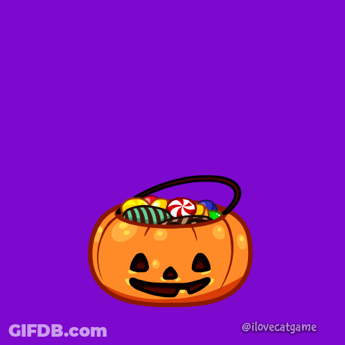 Cartoon Cat Sitting On Pumpkin With Candy And Boo GIF