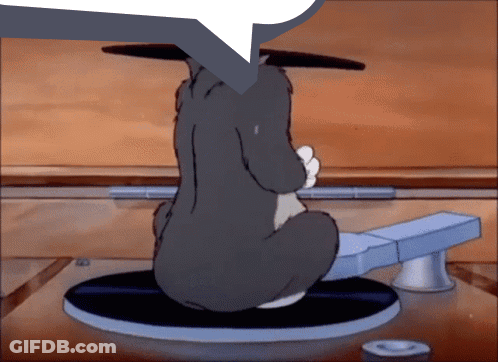 Cartoon Cat Sitting On Record Player With Speech Bubble GIF