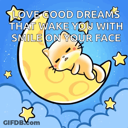 Cartoon Cat Sleeping On Crescent Moon GIF