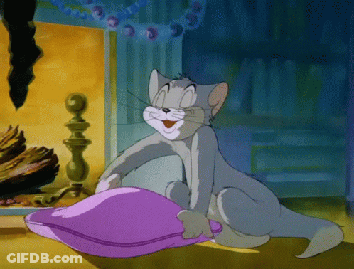 Cartoon Cat Smiling Holding Purple Pillow GIF