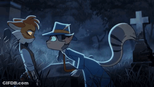 Cartoon Cat Smiling In Front Of Cemetery Cross GIF
