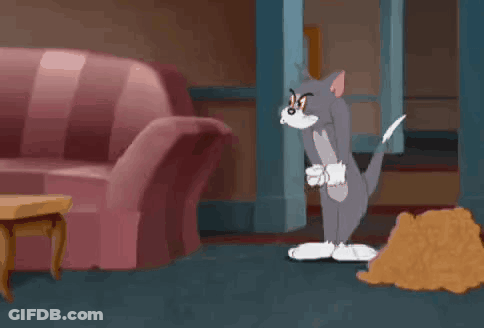 Cartoon Cat Standing Next To Couch And Dust Pile GIF