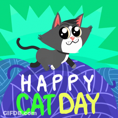 Cartoon Cat Standing On Purple Ball Saying Happy Cat Day GIF