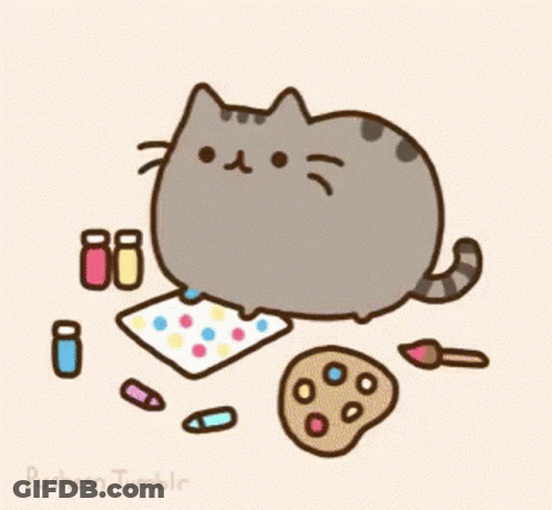 Cartoon Cat Surrounded By Art Supplies And Palette GIF