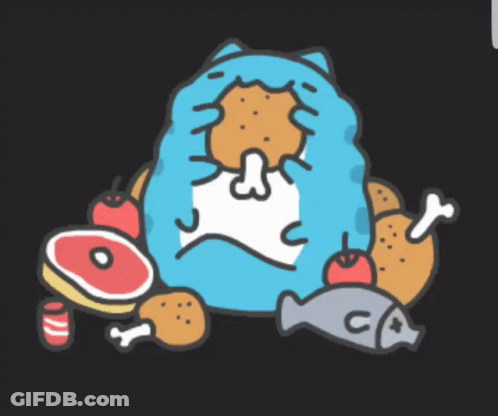 Cartoon Cat Surrounded By Food Including Meat GIF
