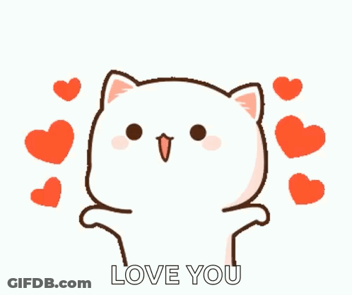 Cartoon Cat Surrounded By Hearts Saying Love You GIF