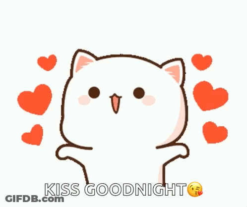 Cartoon Cat Surrounded By Red Hearts Saying Kiss Goodnight GIF